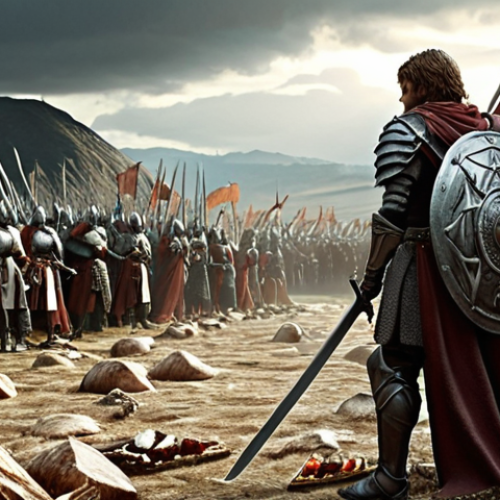 **

*   Prompt: A grand fantasy battlefield scene. In the foreground, a hero is sheathing his sword, with the spectral image of a different faction's banner subtly overlapping him. Resource icons (wood, stone, food) float around him. The overall tone should be one of strategic decision-making.

**