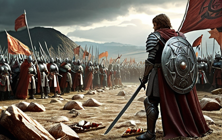 **
* Prompt: A grand fantasy battlefield scene. In the foreground, a hero is sheathing his sword, with the spectral image of a different faction's banner subtly overlapping him. Resource icons (wood, stone, food) float around him. The overall tone should be one of strategic decision-making.
**
