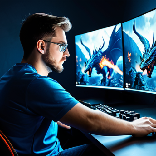 A focused professional gamer, male, fully clothed in a modest, high-quality gaming shirt, seated comfortably in an ergonomic gaming chair. He is immersed in playing 'Call of Dragons' on a large, high-resolution monitor, which displays a vibrant, detailed fantasy battlefield with soaring dragons and intricate army units. His hands are naturally positioned on a gaming mouse and keyboard, indicating precise control. The modern gaming room features professional lighting and a clean, organized setup. safe for work, appropriate content, fully clothed, professional, perfect anatomy, correct proportions, natural pose, well-formed hands, high quality, professional photography.