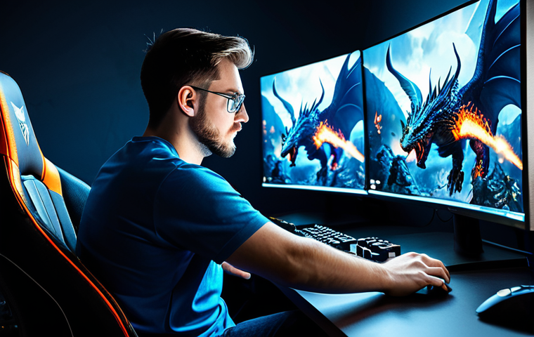 A focused professional gamer, male, fully clothed in a modest, high-quality gaming shirt, seated comfortably in an ergonomic gaming chair. He is immersed in playing 'Call of Dragons' on a large, high-resolution monitor, which displays a vibrant, detailed fantasy battlefield with soaring dragons and intricate army units. His hands are naturally positioned on a gaming mouse and keyboard, indicating precise control. The modern gaming room features professional lighting and a clean, organized setup. safe for work, appropriate content, fully clothed, professional, perfect anatomy, correct proportions, natural pose, well-formed hands, high quality, professional photography.